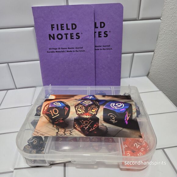 DnD Dice Set + Storage Box  Polyhedral Dice with Bonus Fantasy Art ~2 Field Bks - Picture 1 of 12
